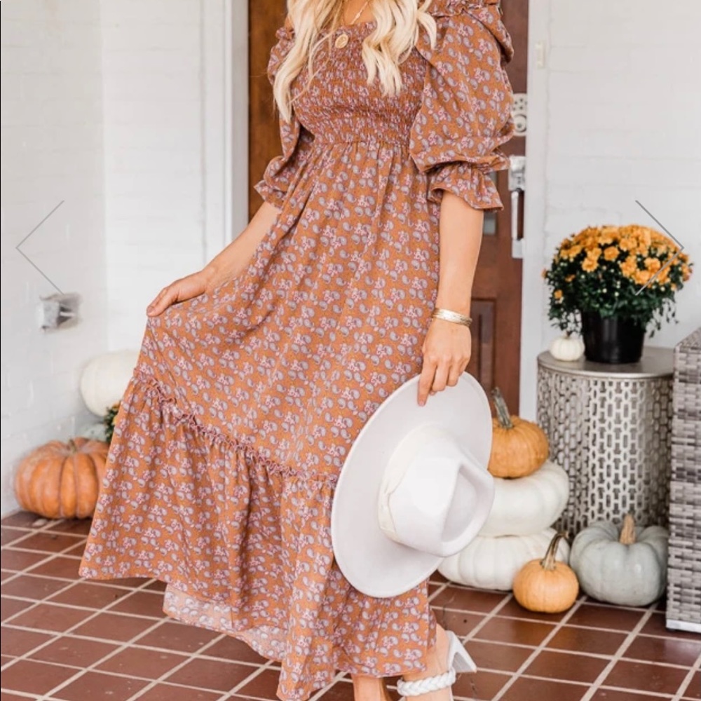 EARLY SUNRISE RUST OFF THE SHOULDER MAXI DRESS